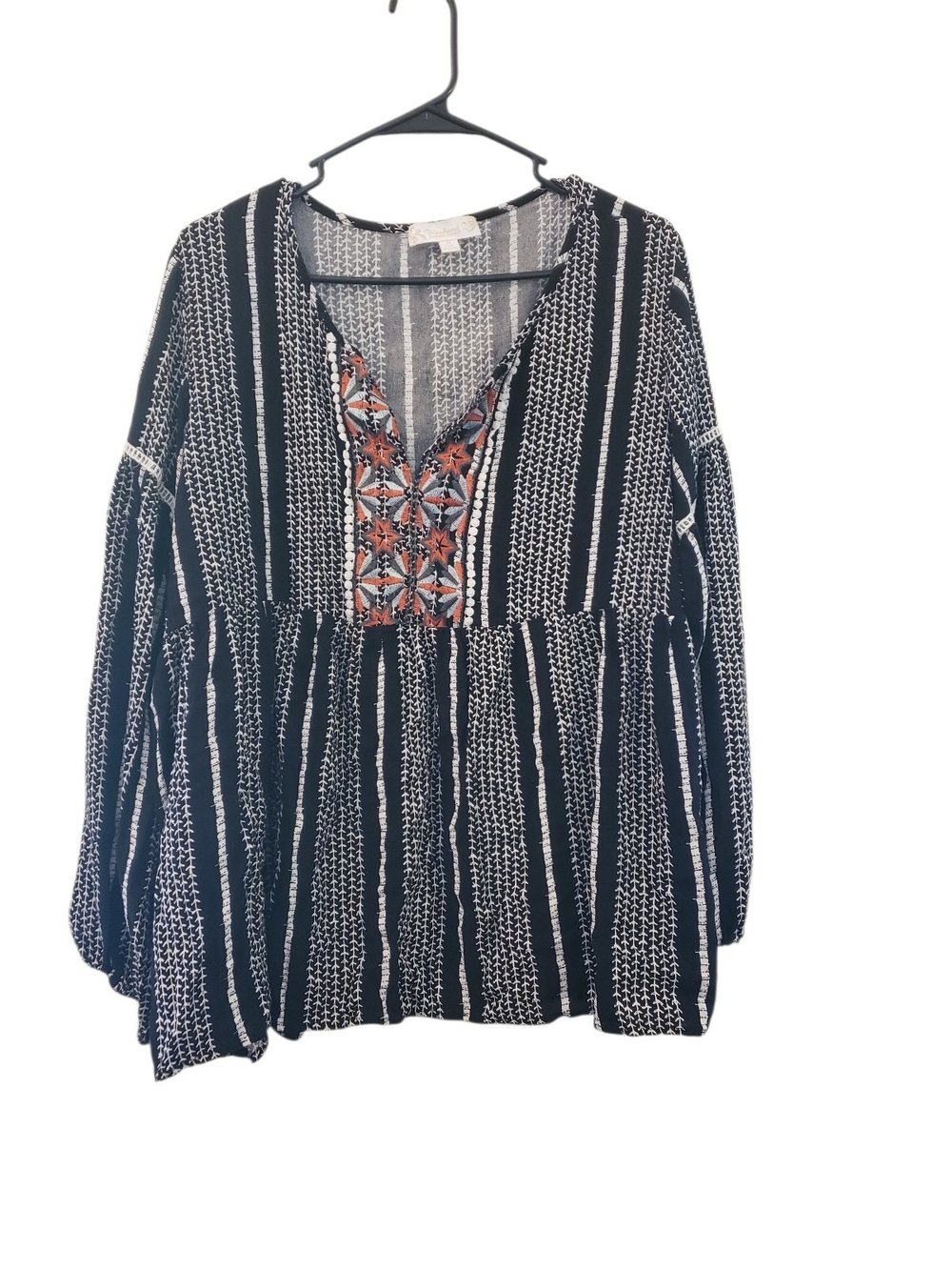 Embroidered Black & White Striped Long-Sleeve Peasant Blouse